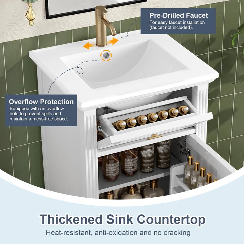 20" Bathroom Freestanding Vanity with Ceramic Sink,Solid Wood Legs,Adjustable Shelf,Tilt-Out Drawer