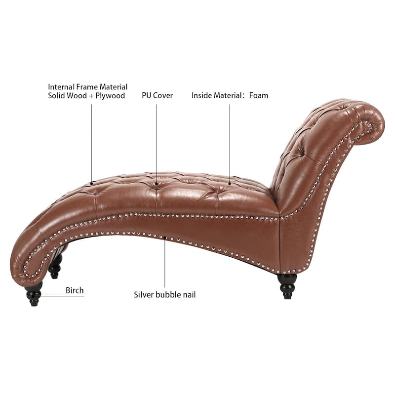 Brown PU 27.17" Buttons Tufted Chaise Lounge Chair with Nailheads