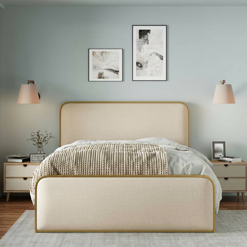 Roomfitters Queen Size Modern Upholstered Platform Bed Frame with Gold Metal Trim, Curved Headboard, No Box Spring, Beige+Gold