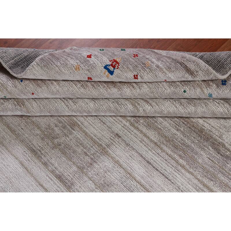 Hand Knotted Oriental Viscose Silk Carpet Tribal Stripe Greys & Charcoal Gabbeh Area Rug - 12' 5'' X 9' 3''