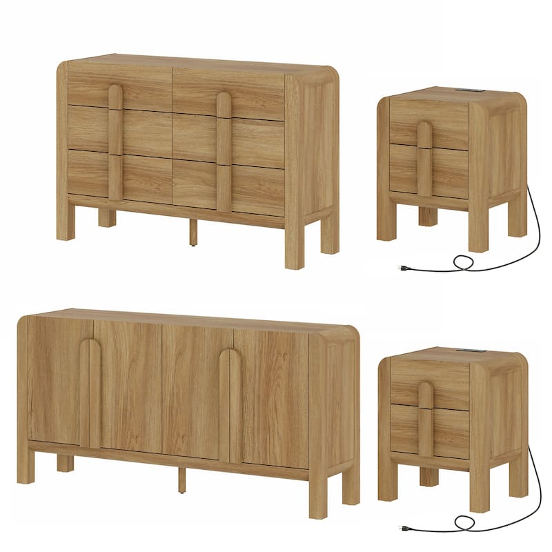 WAMPAT 4 Pcs Bedroom Set,6 Drawer Dresser And Nightstand Sets For Bedroom, Night Stand Set Of 2, Modern Accent Chest - Walnut