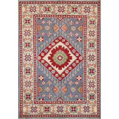 Geometric Blue Kazak Oriental Foyer Rug Hand-Knotted Wool Carpet - 3'4" x 4'11"