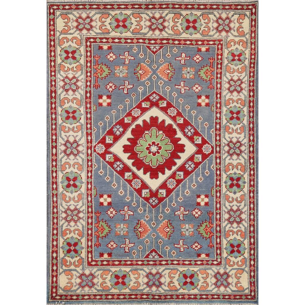 Geometric Blue Kazak Oriental Foyer Rug Hand-Knotted Wool Carpet - 3'4" x 4'11"