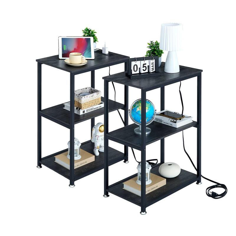 Javlergo Set of 2 Nightstand with Charging Station Side End Table with 3-tier Open Storage - Charcoal Grey