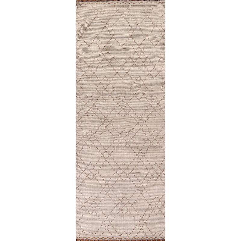 Ivory Trellis Moroccan Oriental Runner Rug Hand-Knotted Wool Carpet - 3'9"x 13'0"