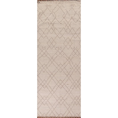 Ivory Trellis Moroccan Oriental Runner Rug Hand-Knotted Wool Carpet - 3'9"x 13'0"