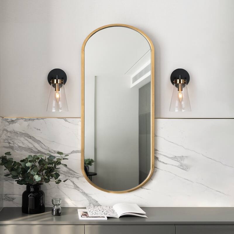 Glint 1-Light Black Gold Armed Wall Sconce Clear Glass Bathroom Vanity Light - 5'' L x 6.5'' W x 10'' H