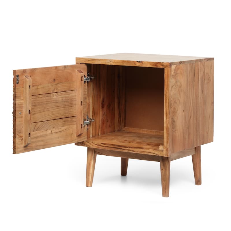 Roomfitters Mid Century Modern Bedside Table, Solid Wood Nightstand with Textured Door and Tapered Legs, Natural