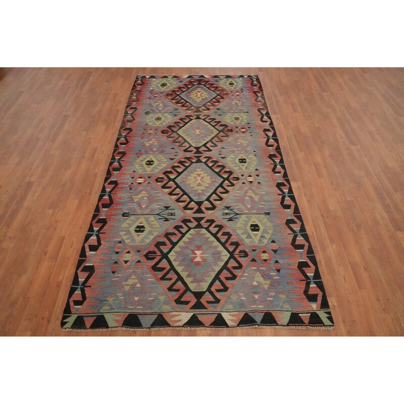 Hand Woven Oriental 100% Wool Carpet Southwestern Tribal Navy Blue & Blues Kilim Area Rug - 10' 0'' X 4' 11''