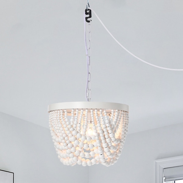 Boho Plug in Wood Beaded Chandelier 3 Light Wood Bead Light White Light