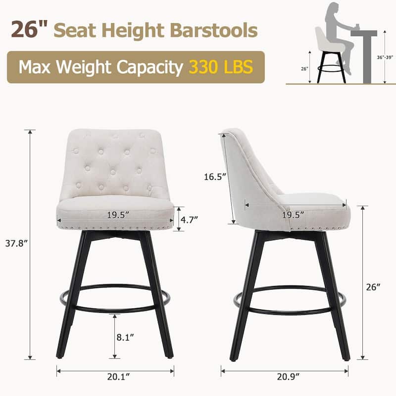 Bar Stools Set of 2, 26" Seat Height Barstools, Swivel Bar Chairs with Upholstered, Footrest, Backrest and Metal Legs