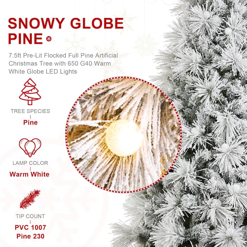 Glitzhome 7.5FT/9FT Pre-Lit Flocked Full Snowy Globe Pine Artificial Christmas Tree with Foot Switch