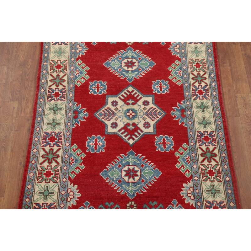 Red Kazak Oriental Accent Rug Hand-Knotted Geometric Wool Carpet - 3'4" x 4'11"