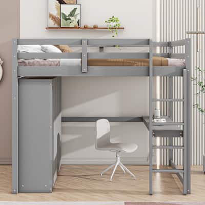 Wooden Full Size Loft Bed with Built In Wardrobe, Desk, Storage Shelves and 3 Drawers, Solid Pinewood Loftbed Frame