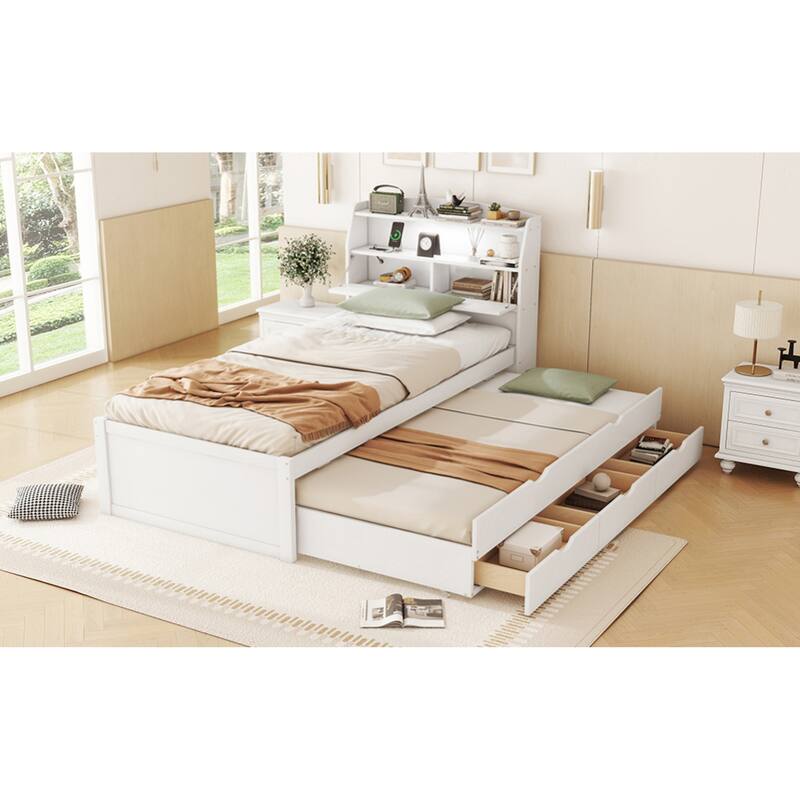Roomfitters Twin Platform Bed with Trundle, LED Headboard Storage, USB Ports and Under-Bed Bins, No Box Spring, White