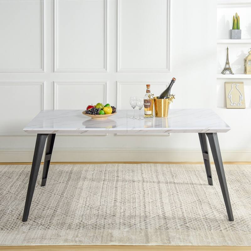 Homy Casa 63" Rectangular Dining Table with Tapered Metal Legs for Modern Homes - White