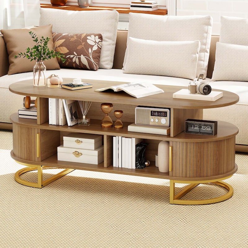 Moasis Oval Fluted Coffee Table with Sliding Doors
