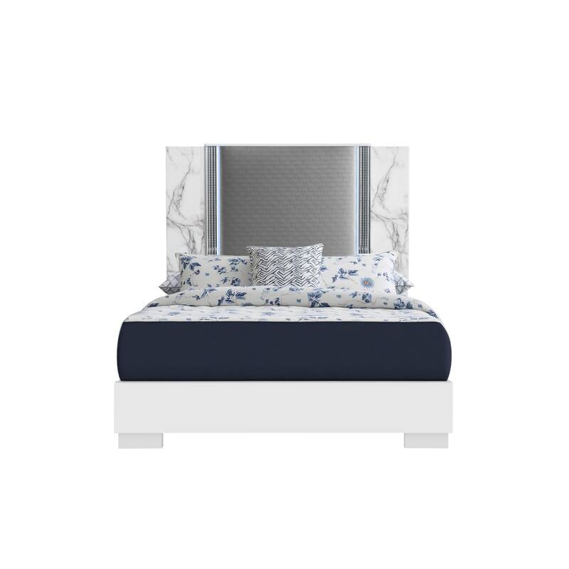 HomeRoots White and Gray Wood And Faux Leather Lighted King Bed Frame