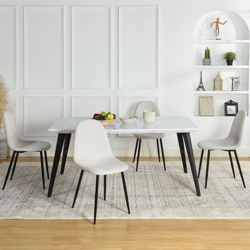Homy Casa 5-Piece Dining Room Set with Modern White Table and 4 Upholstered Side Chairs - Beige