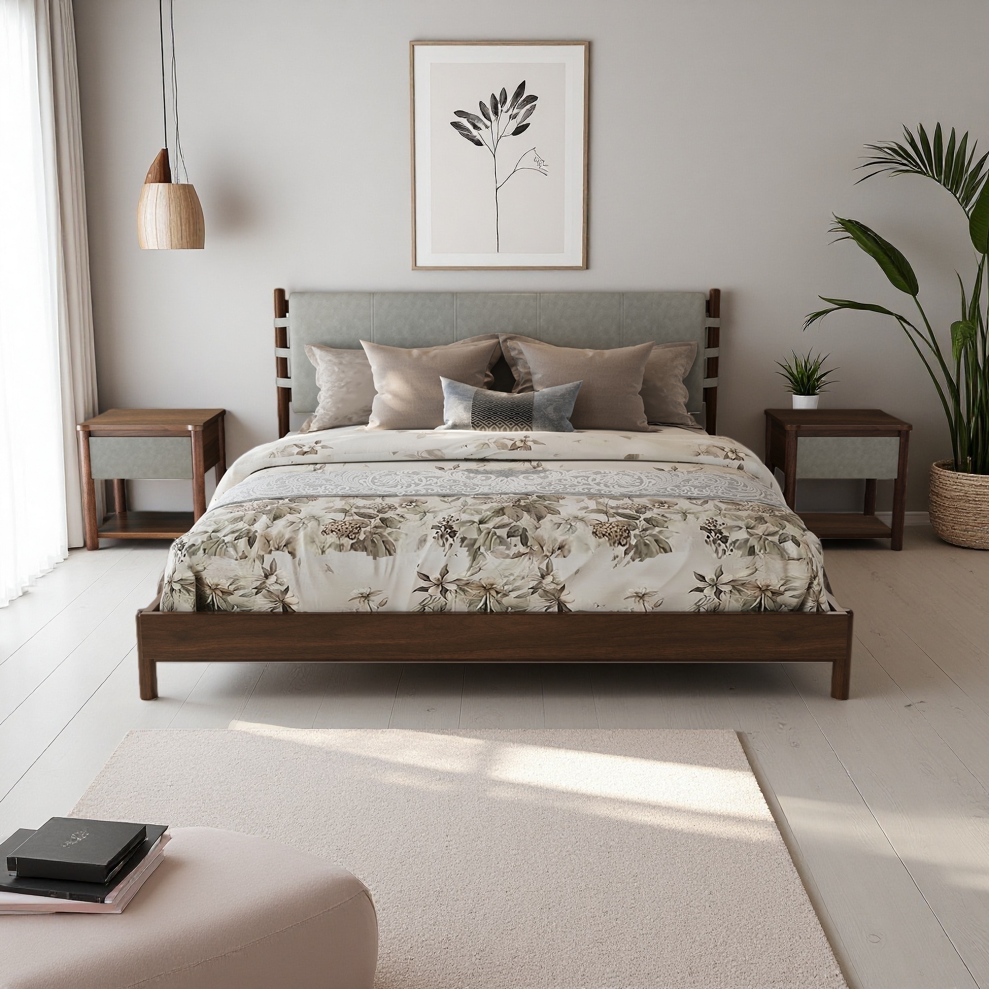 Queen Size Bed Frame Set with 2 Nightstands, Wood Platform Bed with Headboard and Matching Bedside Tables for Bedroom