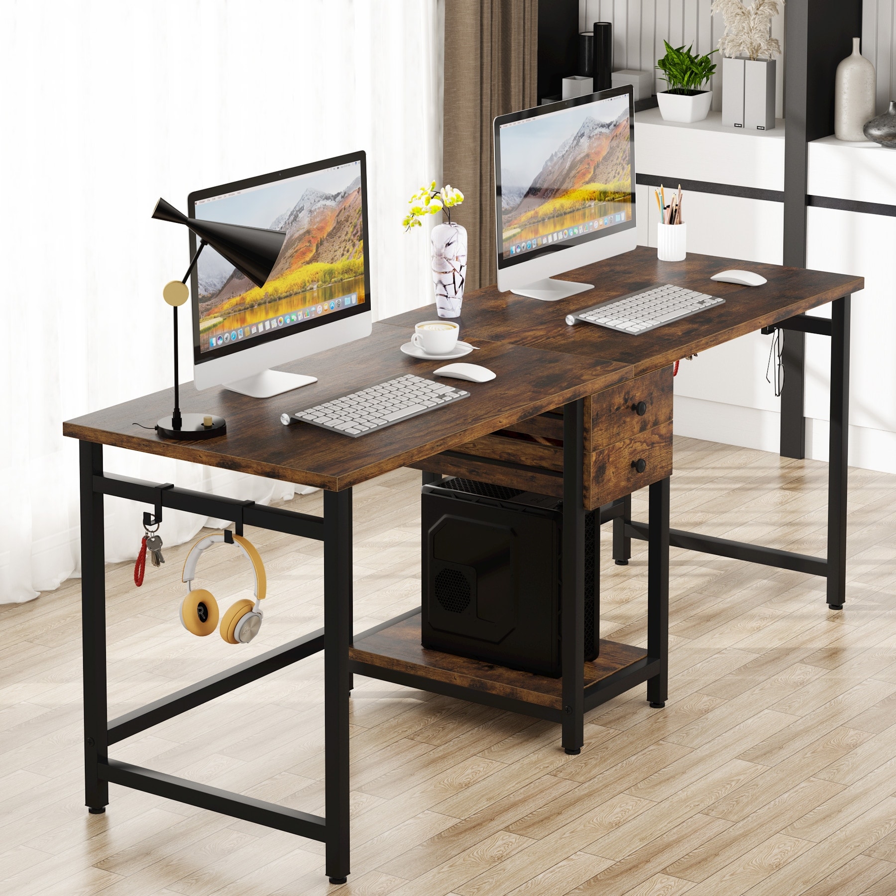Long double desk with drawers cheap