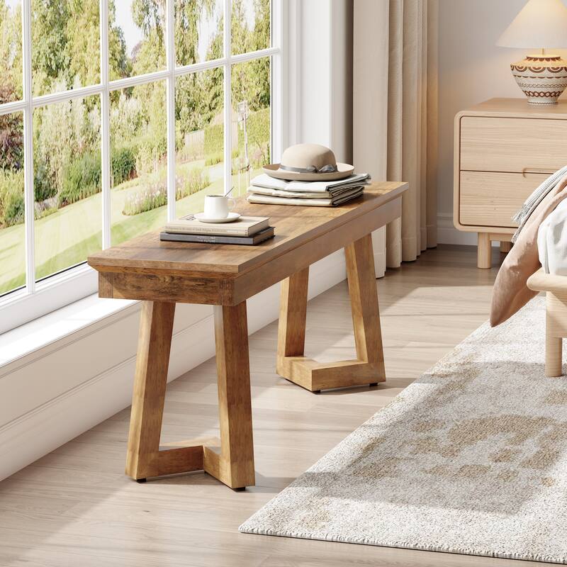 47" Farmhouse Wood Bench, Long Rustic Indoor Bench Seat with Solid Leg