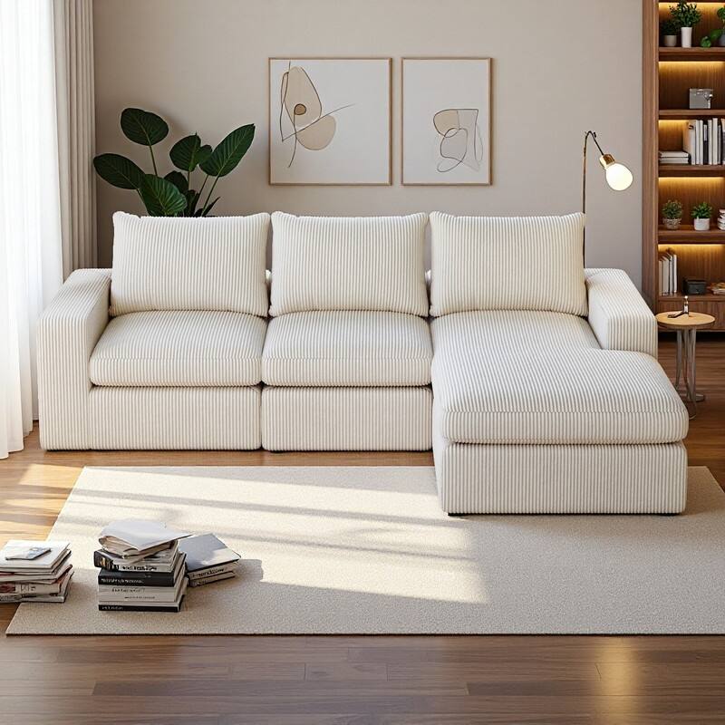 99" Corduroy L-Shaped Sectional Sofa with Chaise and 3 Pillows, No Assembly Required - Beige