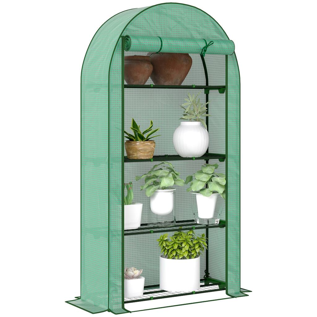 Outsunny 4 Tier Mini Greenhouse, Portable Greenhouse with Roll-Up Door, and Weatherized Plastic Cover, Green