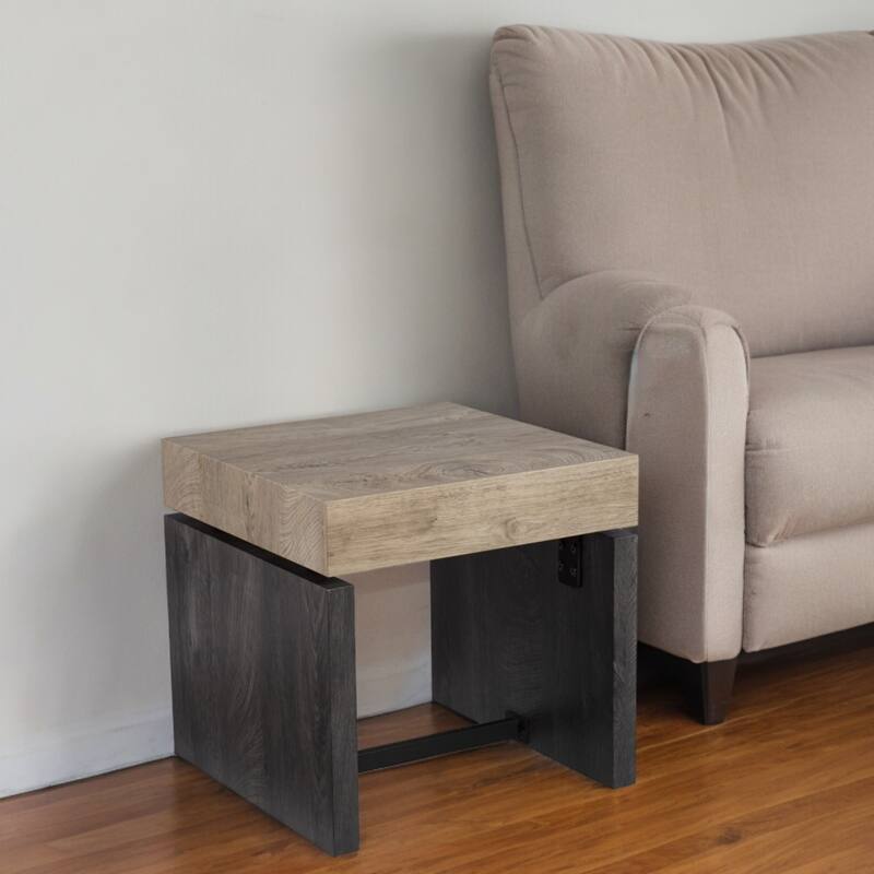20" Natural MDF Wooden Square End Table with Sled Base and Distressed Finish for Bedroom or Living Room