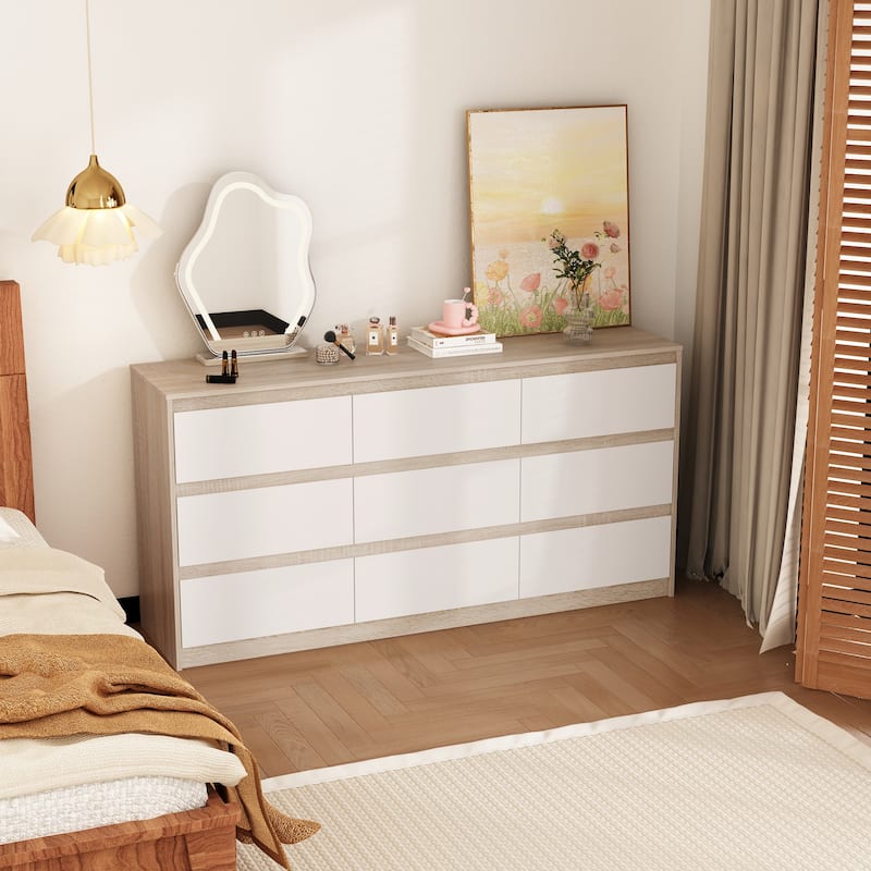 9 Drawer Dresser White Dresser Chest Drawer Storage Organizer Cabinet - White/Oak