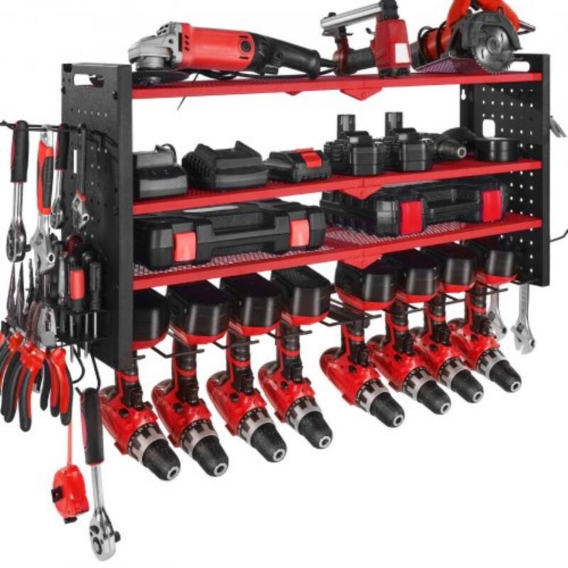 4-Tier Wall Mounted Tool Rack with 8 Drill Slots and Adjustable Shelf Pegboard Organizer - 32.87” x 8.66” x 16.54”