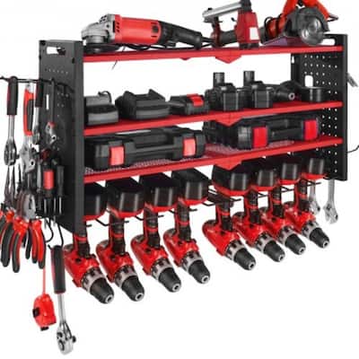 4-Tier Wall Mounted Tool Rack with 8 Drill Slots and Adjustable Shelf Pegboard Organizer - 32.87” x 8.66” x 16.54”