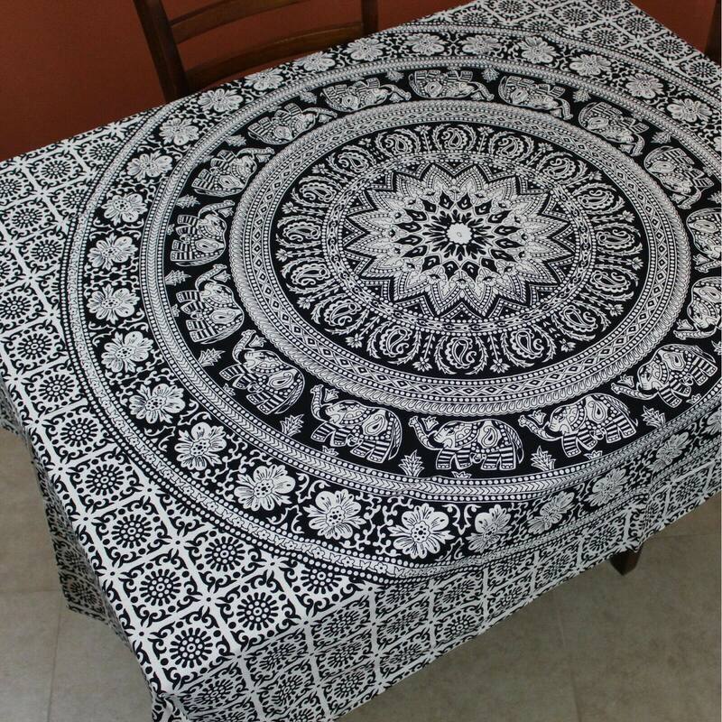 Cotton Elephant Floral Paisley Tablecloth 60x90 Blue Pink Black White - 55 x 85 inches