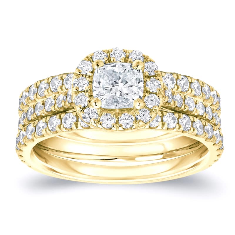 Auriya 1 1/4ctw Cushion-cut Halo Diamond Engagement Ring 3pc Set 14k Gold