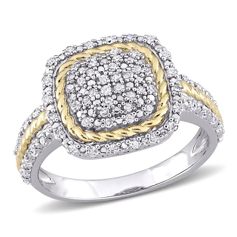 Miadora 2-Tone White and Yellow Plated Sterling Silver 1/3ct TDW Diamond Cluster Halo Square Ring