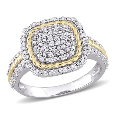 Miadora 2-Tone White and Yellow Plated Sterling Silver 1/3ct TDW Diamond Cluster Halo Square Ring
