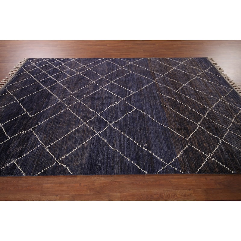 Navy Blue Trellis Moroccan Area Rug Hand-Knotted Wool Carpet - 6'9"x 10'5"