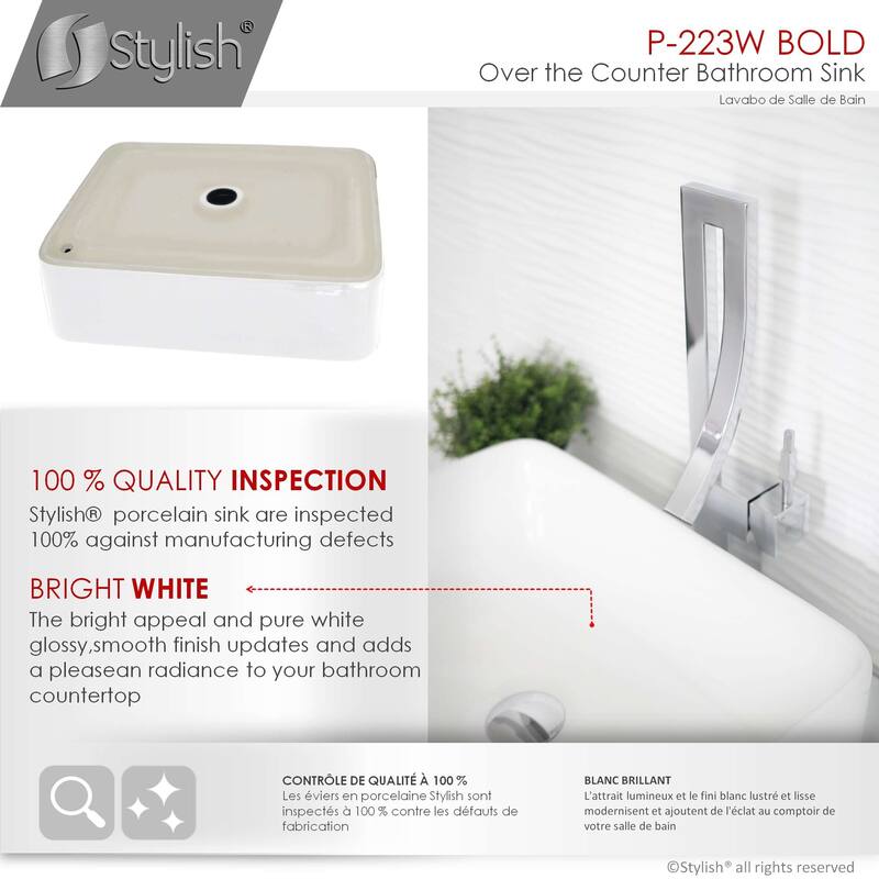 STYLISH Porcelain Rectangular 18 3/4-inches Top Mounted Ceramic Vessel Bathroom Sink - 18.75" x 14.5" x 5.25"