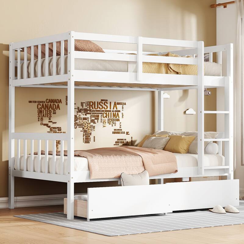 Convertible Twin Bunk Bed with 2 Drawers, Safety Rails & Ladder, White Rubber Wood Frame