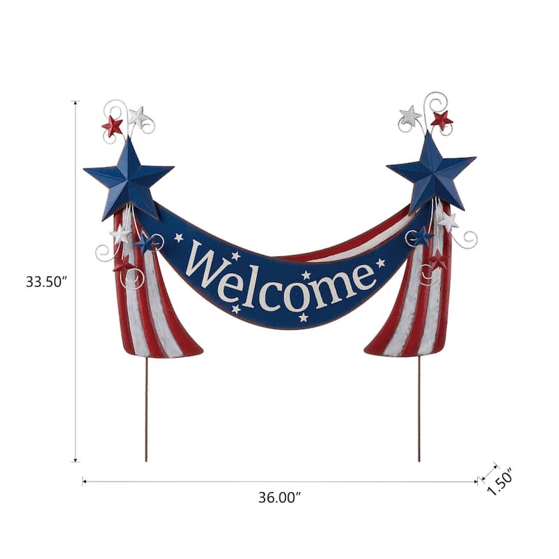 Glitzhome Metal Americana Stars Stripes Yard Stake Wall Sign with Welcome Flag