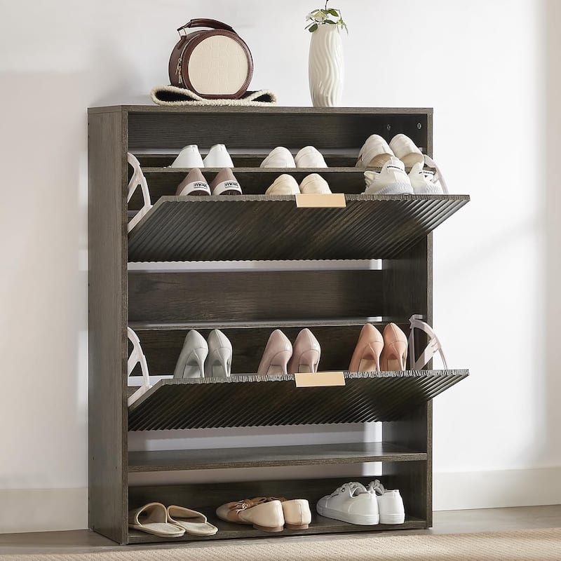 31.5''W Slim Shoe Cabinet, Fluted Hidden Shoe Storage Cabinet with 2 Flip Drawers, Wooden Fluted Shoe Rack