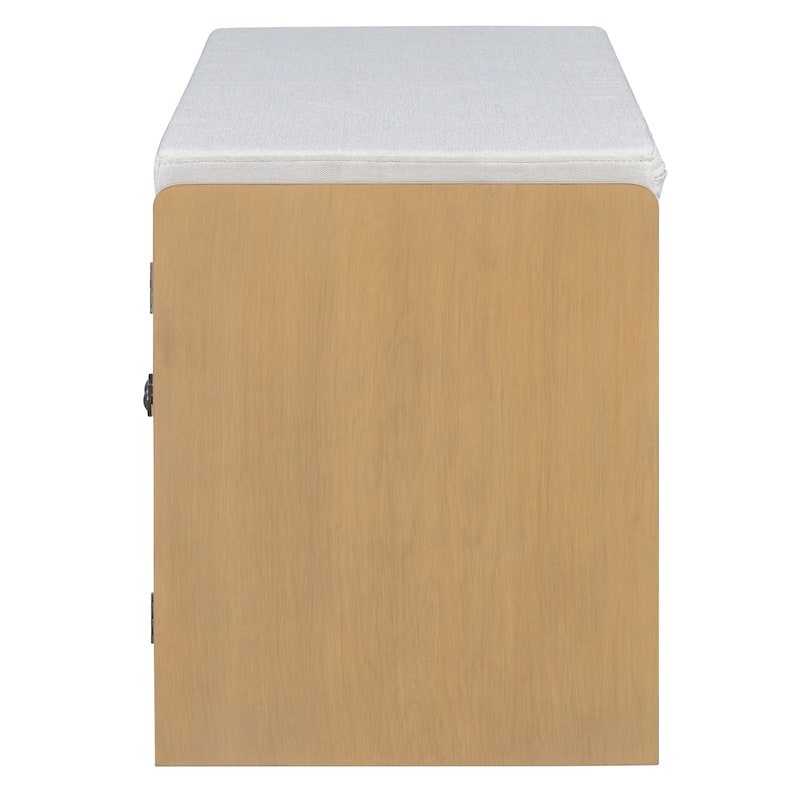 Rustic Storage Bench Multifunctional Wood Entryway Shoe Bench with Removable Cushion, Woven Rattan Doors & Adjustable Shelves