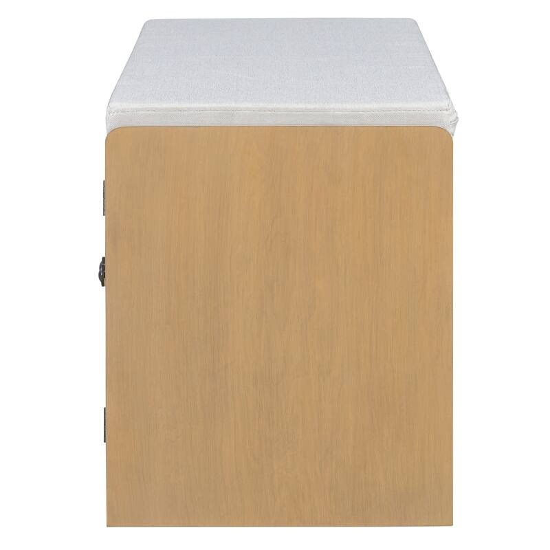 Rustic Storage Bench with Removable Cushion, Rattan Doors & Adjustable Shelf