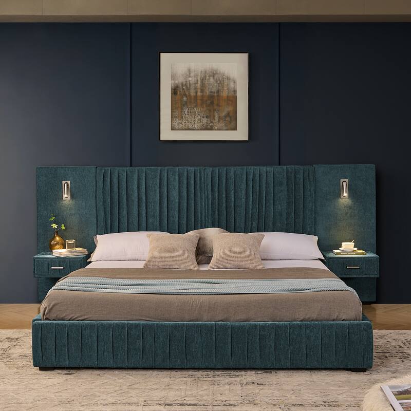 King Size Upholstered Bed Frame with Chenille fabric with pleated design,Grounded King Size Platform Bed
