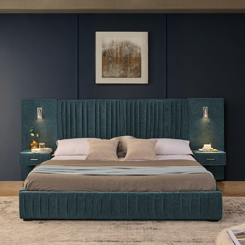 Pleating Upholstered Bed Platform Bed Frame with Enlarged Widened Headboard and Integrated Bedside Table Adjustable Bedside Lamp