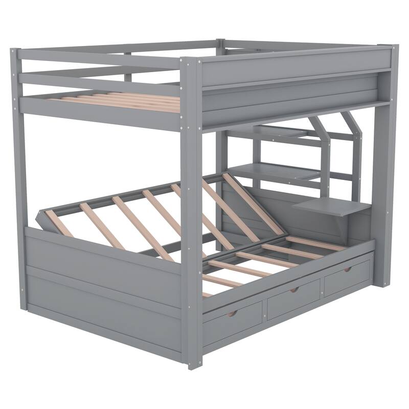 Full Size Convertible Bunk Bed with Storage Staircase, Bedside Table, and 3 Drawers, Gray