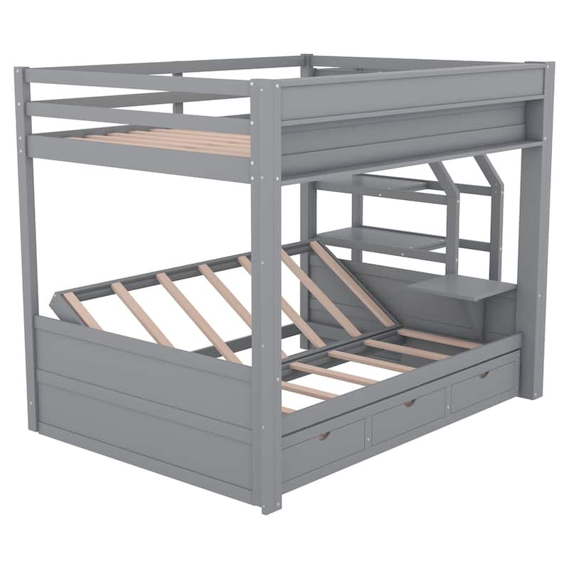Gray Full Size Solid Wood Convertible Bunk Bed with Storage Staircase and Drawers