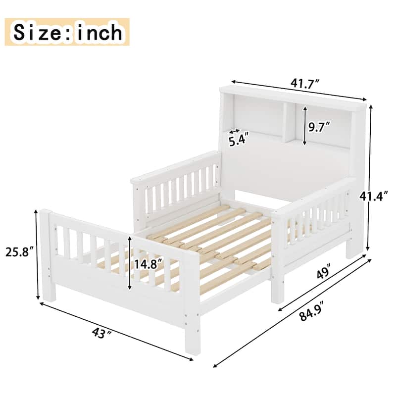 Twin Platform Bed with Storage Headboard, Safety Guardrails and Pull-Out Convertible Sofa/Playpen Design