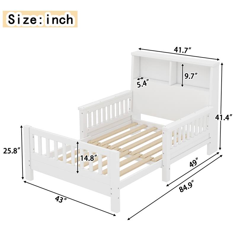 White Twin Platform Bed with Pull-Out Storage Headboard & Safety Rails!