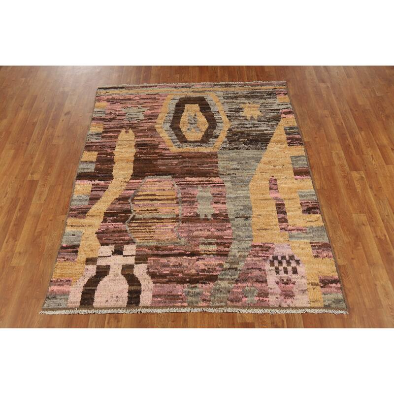 Abstract Geometric Moroccan Oriental Rug Hand-Knotted Wool Carpet - 5'3" x 6'6"
